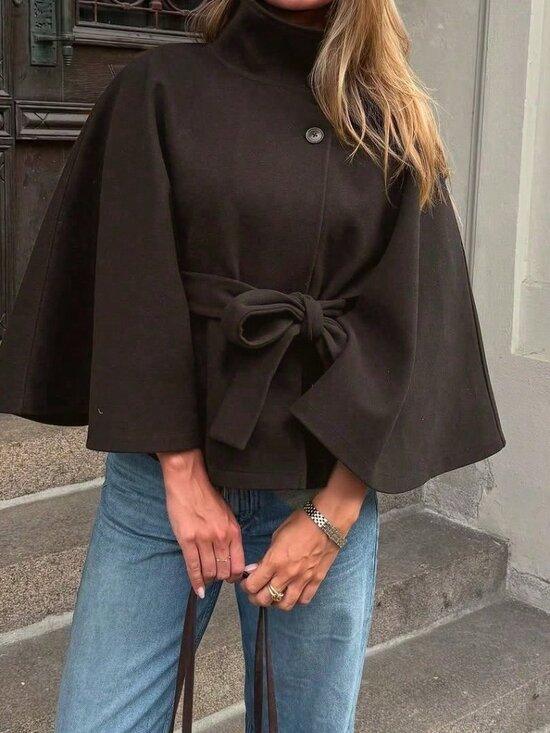 MODA ME COUTURE Jackets & Blazers - Brown Casual Women's Front Button Tie Waist Cloak